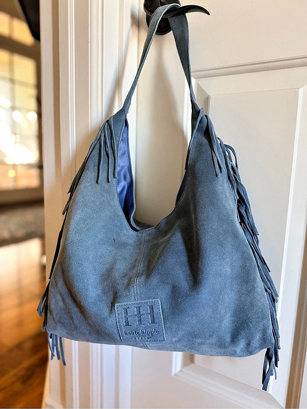 Haute Hippie Blue Fringe Shoulder Bag Boho Logo Accents Magnetic Inner Pockets - Picture 2 of 5